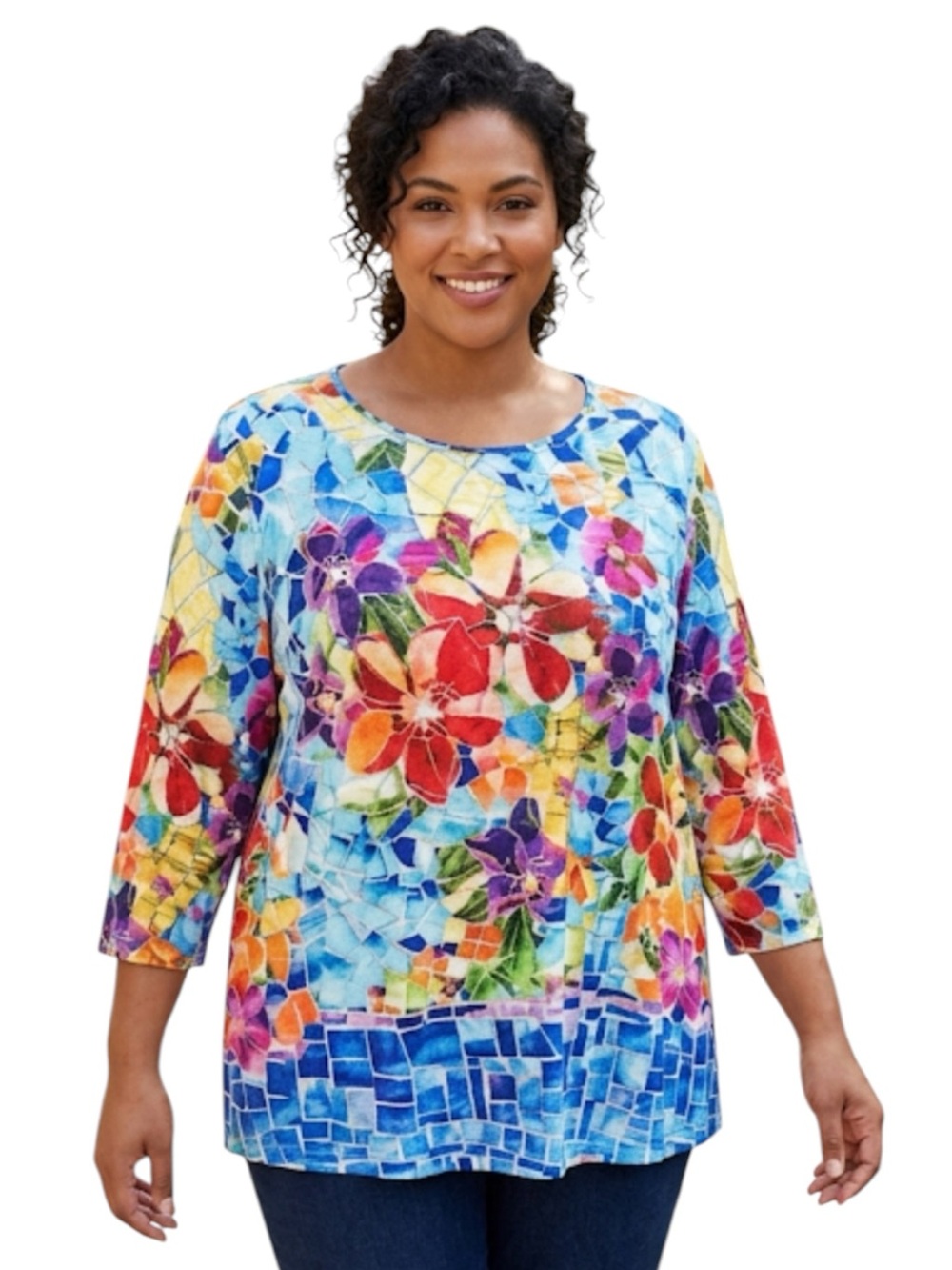 Ali Miles Plus Size 3X Tunic Top Colorful Floral Mosaic Print Long Sleeve
B